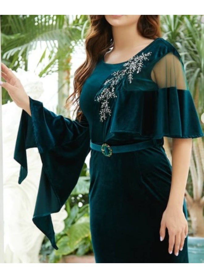 FULL JOY Maxi Velvet Dress Embroidered with sequins and Beads, with open Sleeves of varying lengths and shapes, and a Crystal-Studded Belt. - Image 5